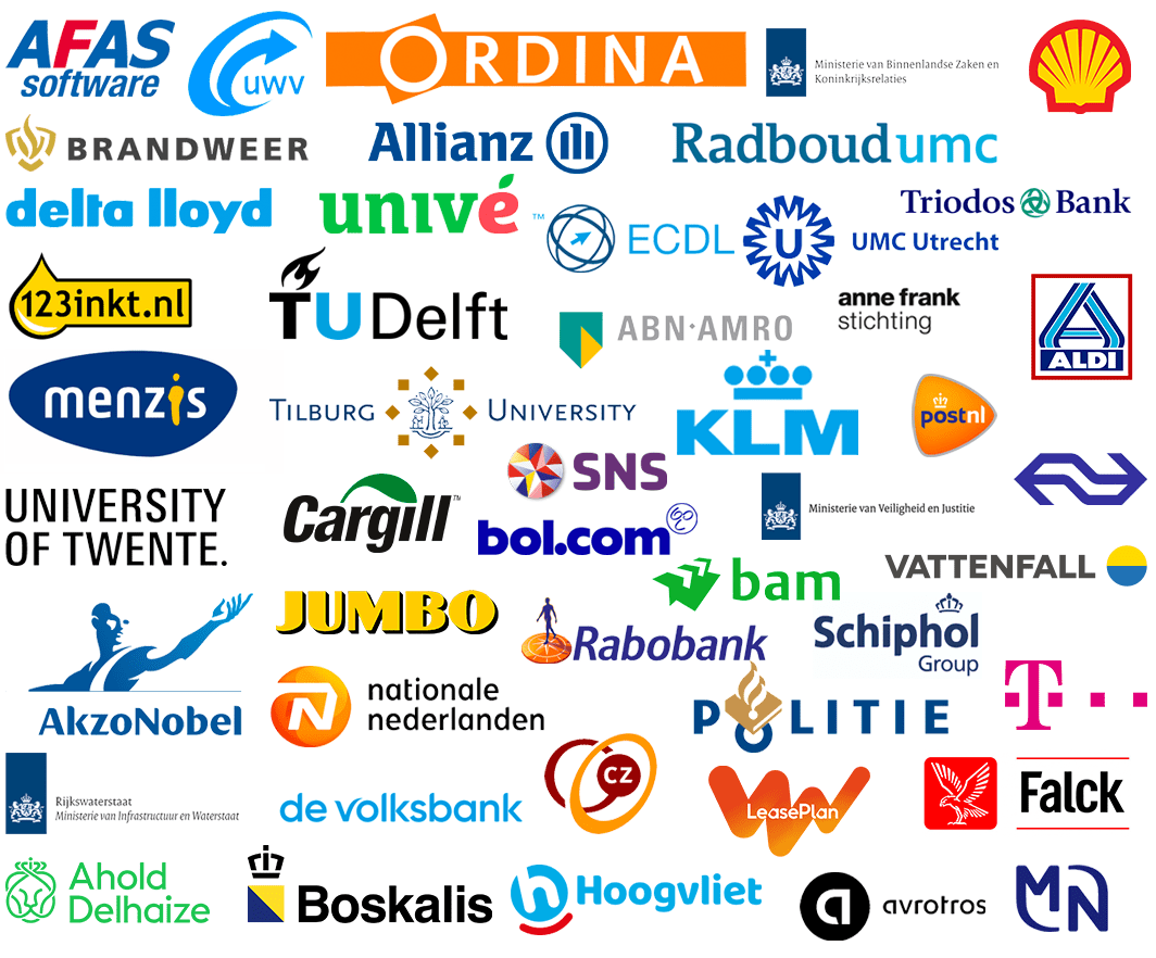 een overzicht van vele bekende bedrijven, organisaties en overheidsistellingen in Nederland die de TICKEN typecursus als klant mag rekenen.